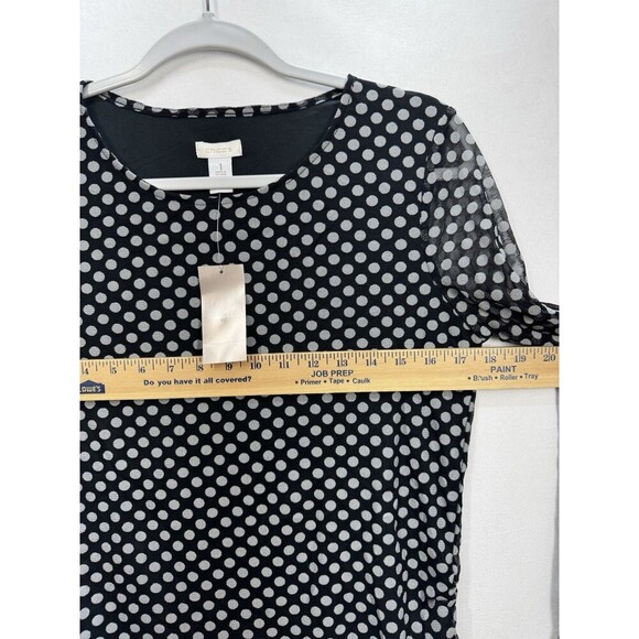 Chicos Polka Dot Lined Raye Top Size 1 (M/8) Black Mesh Sleeves Ruched Sides NEW - Picture 8 of 10